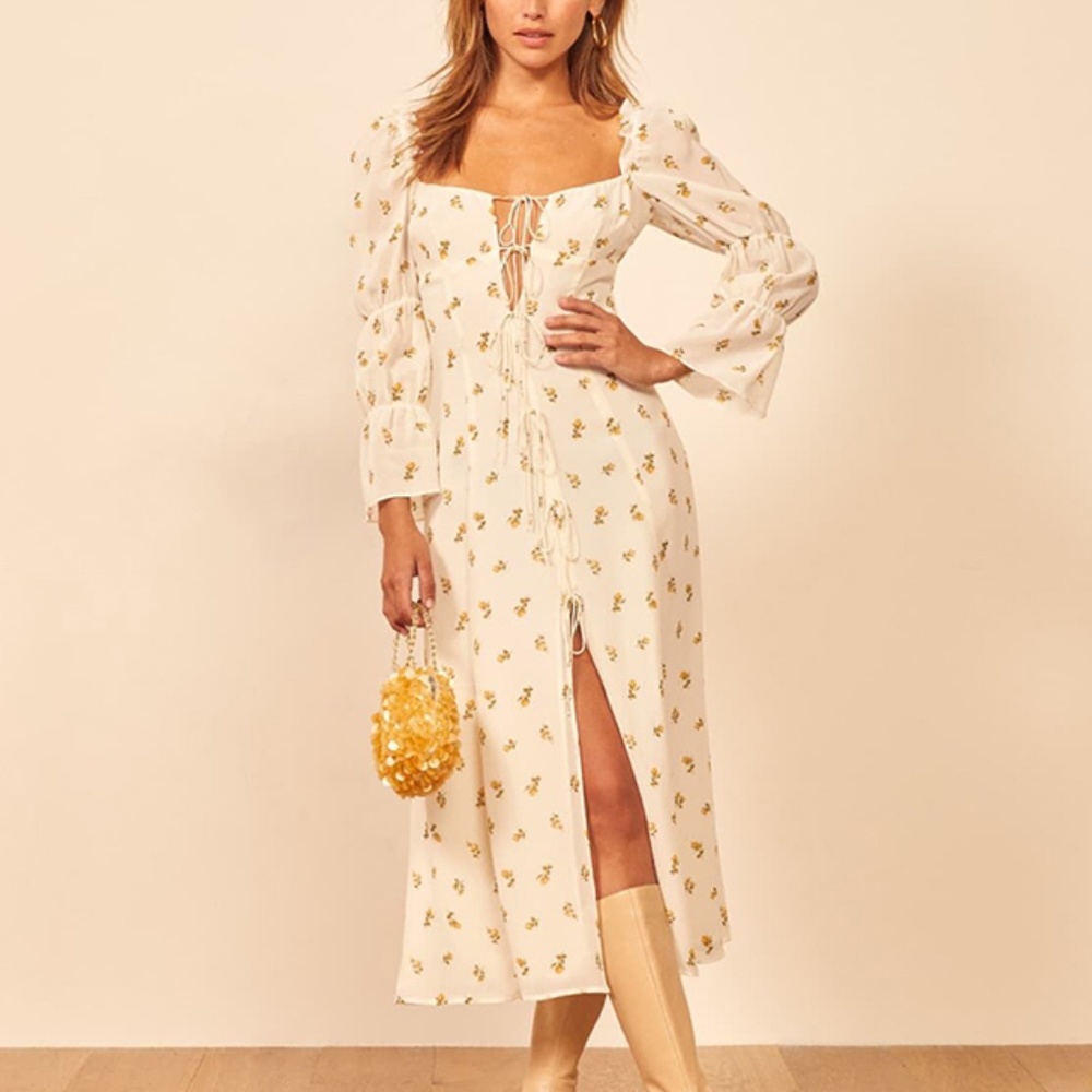 Boho Cream Floral print lace up midi Slit Dress - Picture 4 of 7